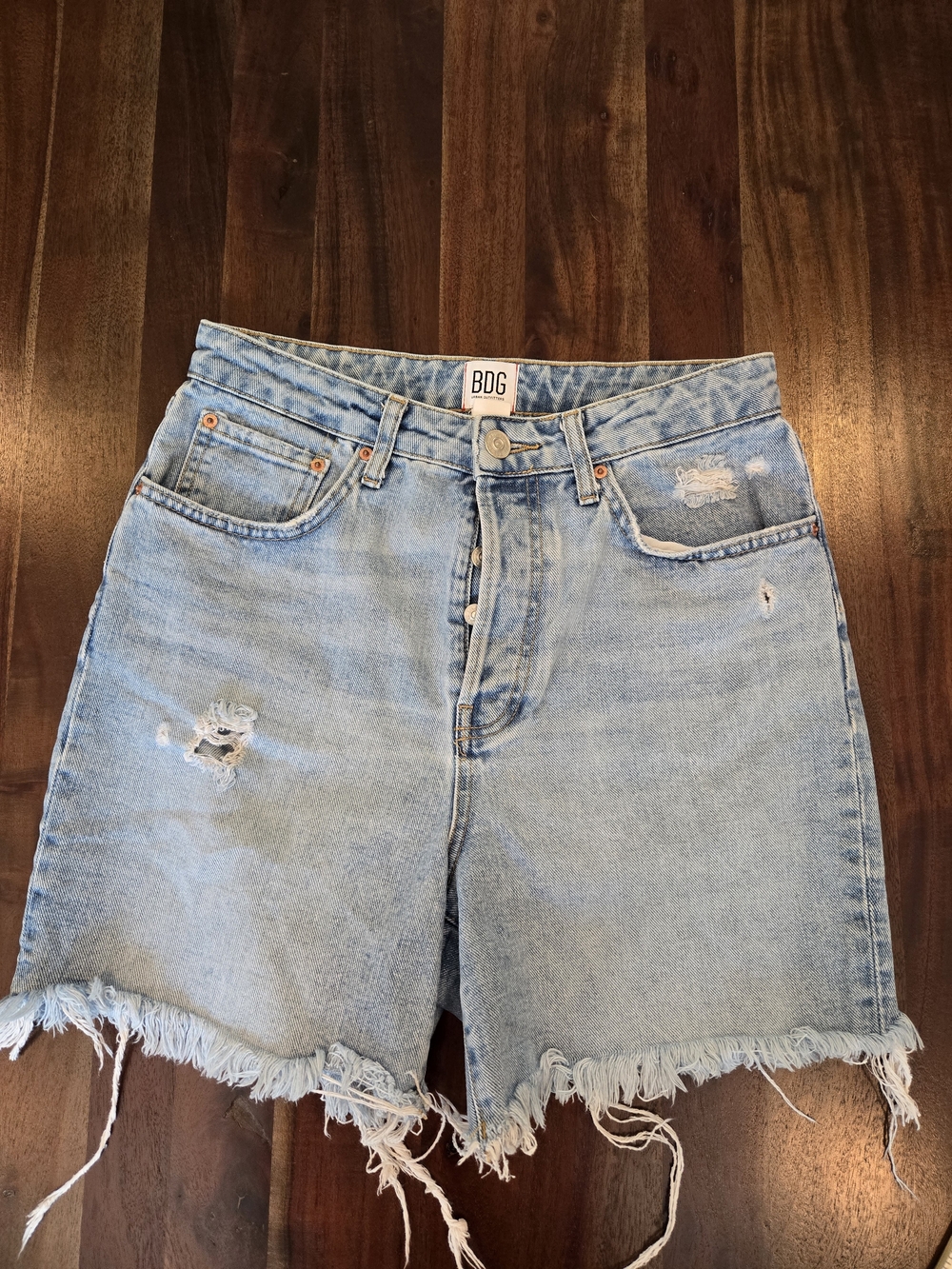 BDG Light Blue Distressed 90s High-Rise Button Fly Denim Shorts